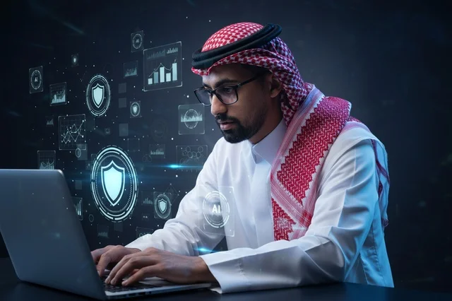 Saudi Man working on Laptop with Cybersecurity Hologram