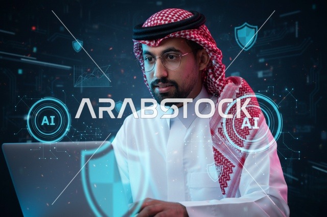 رجل أعمال سعودي يستخدم كمبيوتر مع واجهة ذكاء اصطناعي