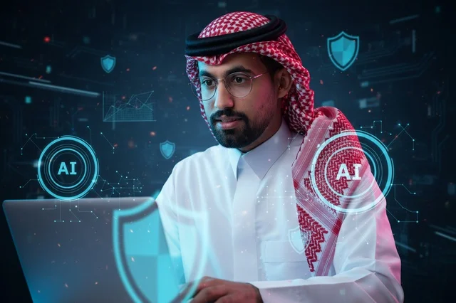 رجل أعمال سعودي يستخدم كمبيوتر مع واجهة ذكاء اصطناعي