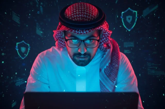 Saudi Cybersecurity Specialist on Laptop in Neon Light