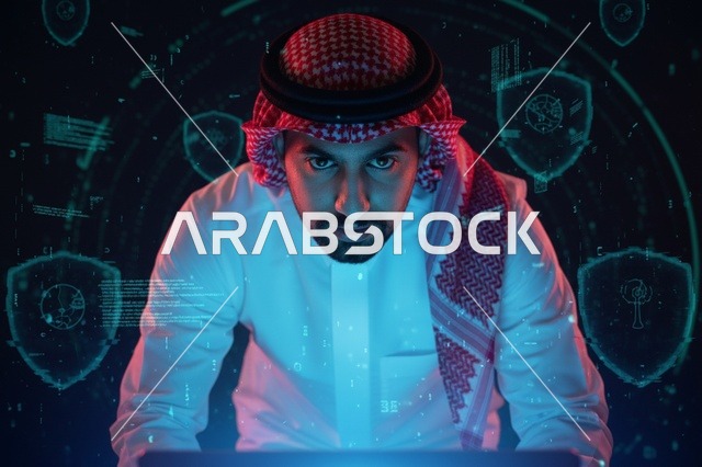 مبرمج سعودي وخبير أمن سيبراني أمام شاشات رقمية