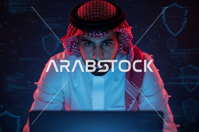 مبرمج سعودي يعمل في الأمن السيبراني أمام الكمبيوتر