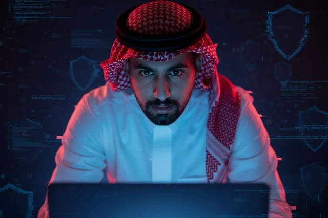 مبرمج سعودي يعمل في الأمن السيبراني أمام الكمبيوتر