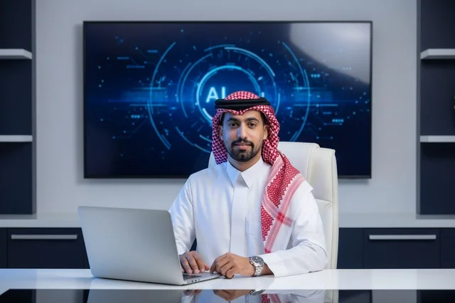رجل أعمال سعودي في مكتبه مع شاشة ذكاء اصطناعي وحاسوب