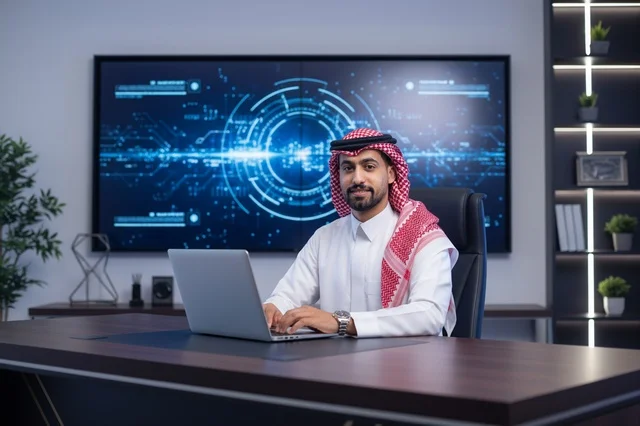 Saudi Businessman Working on Laptop with Cyber Security Screen