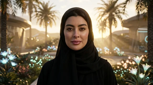 امرأة عربية بالحجاب تقف في مدينة مستقبلية عند الغروب