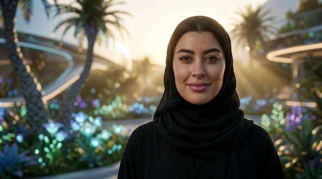 امرأة عربية مبتسمة في مدينة ذكية مستقبلية عند الغروب