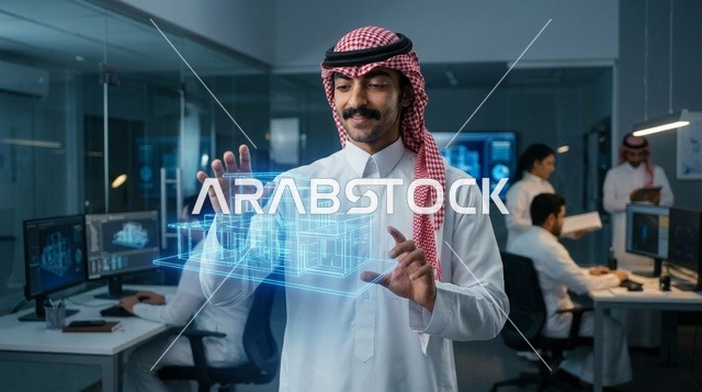 مهندس سعودي يتفاعل مع مجسم هولوغرام في مكتب حديث