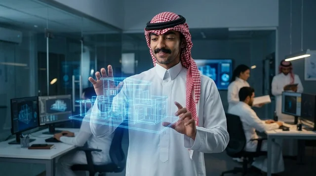 مهندس سعودي يتفاعل مع مجسم هولوغرام في مكتب حديث