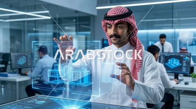 مهندس سعودي يتفاعل مع هولوجرام ثلاثي الأبعاد