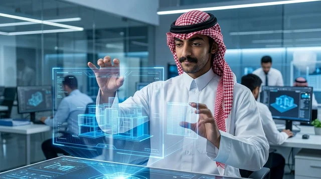 مهندس سعودي يتفاعل مع هولوجرام ثلاثي الأبعاد
