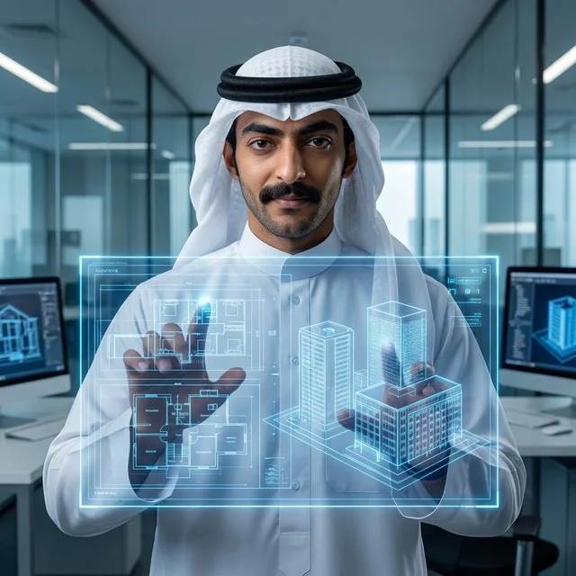 مهندس عربي يستخدم مخططات الهولوغرام في مكتب حديث