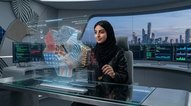 Arab Woman Working on Hologram Cybersecurity Screen
