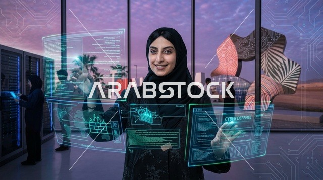 أخصائية أمن سيبراني سعودية أمام شاشة هولوغرام