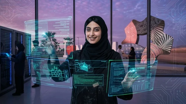 أخصائية أمن سيبراني سعودية أمام شاشة هولوغرام