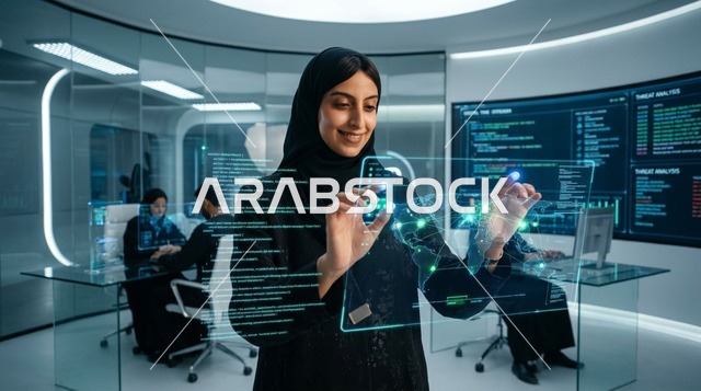 أخصائية أمن سيبراني سعودية أمام شاشة هولوغرام