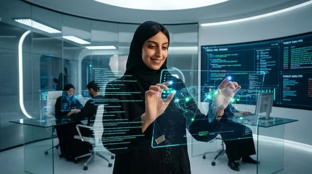 أخصائية أمن سيبراني سعودية أمام شاشة هولوغرام
