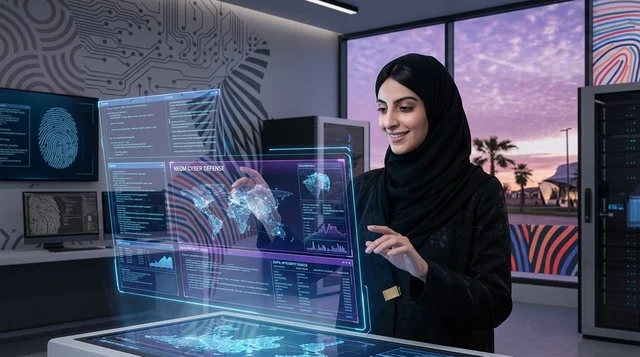 أخصائية أمن سيبراني سعودية أمام شاشة هولوغرام