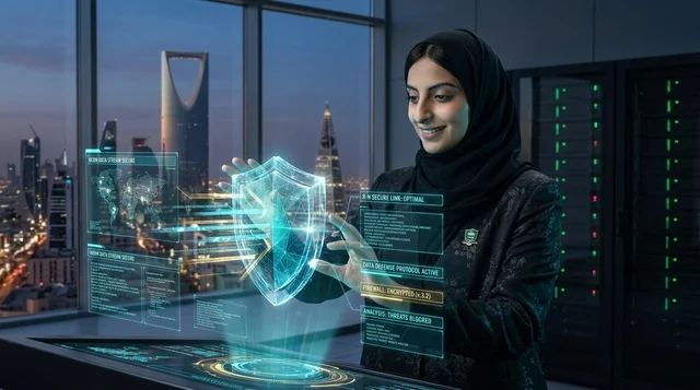 Saudi Woman Riyadh Cybersecurity Hologram Interface