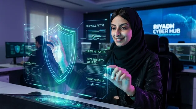 Saudi Woman Riyadh Cybersecurity Hologram Interface
