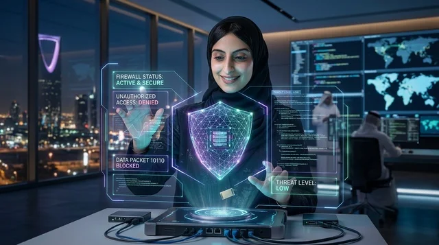 Saudi Woman Cybersecurity Hologram in Riyadh Office