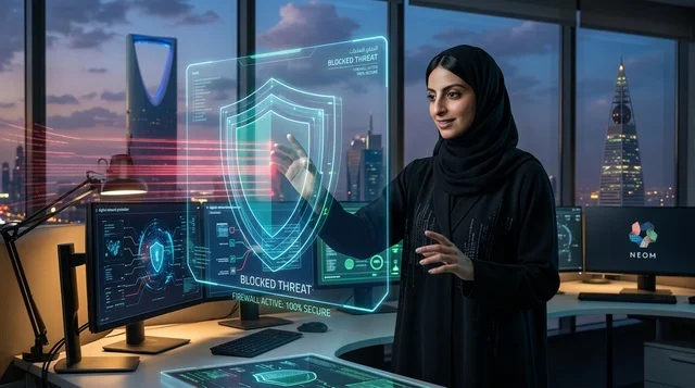 أخصائية أمن سيبراني سعودية وهولوغرام في الرياض