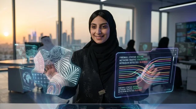 امرأة سعودية تحلل بيانات الأمن السيبراني الهولوغرامية