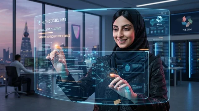 امرأة سعودية تتفاعل مع هولوغرام الأمن السيبراني بالرياض