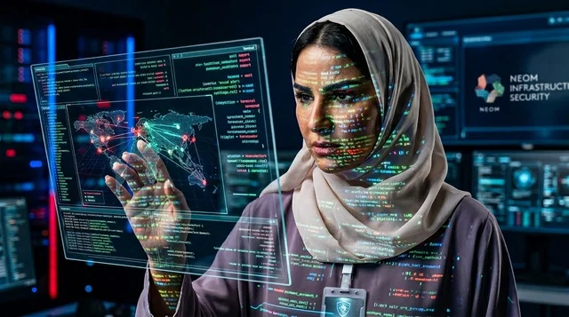 امرأة عربية تحلل بيانات الأمن السيبراني على شاشة ذكية