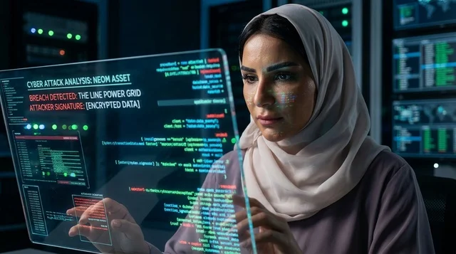 Arab Woman Cybersecurity Specialist with Holographic Screen