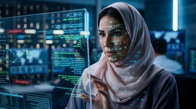خبيرة الأمن السيبراني المسلمة مع شاشة ذكية مستقبلية