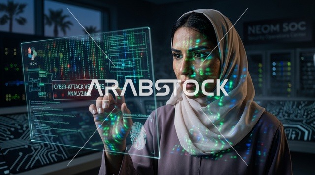 امرأة سعودية تحلل بيانات الأمن السيبراني في نيوم