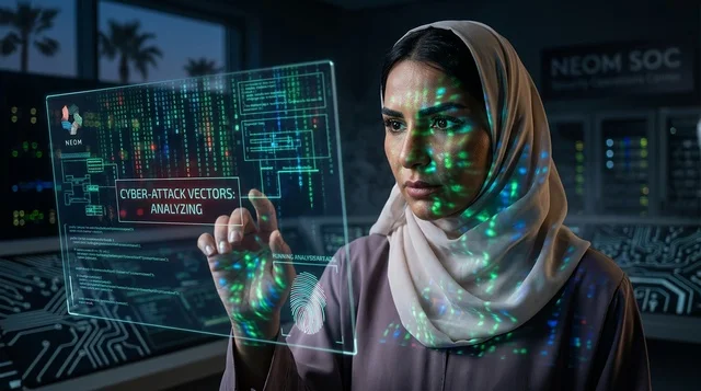 Saudi Woman Analyzing Cybersecurity Data at NEOM SOC