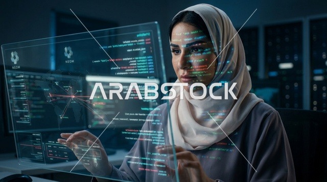 Arab Woman Cybersecurity Developer with Hologram Screen