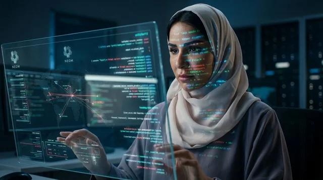 Arab Woman Cybersecurity Developer with Hologram Screen