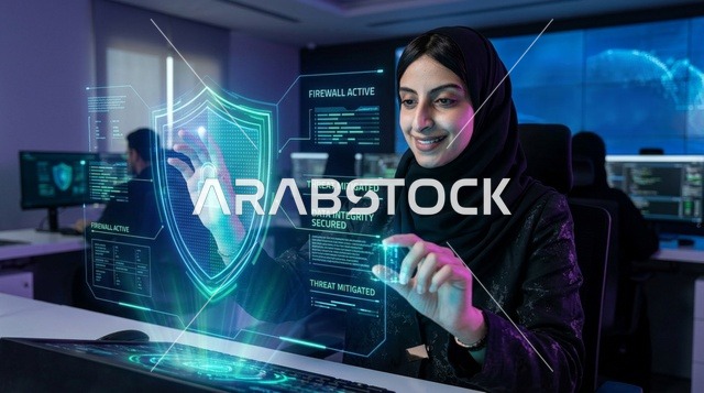 أخصائية أمن سيبراني سعودية تتفاعل مع واجهة هولوغرام