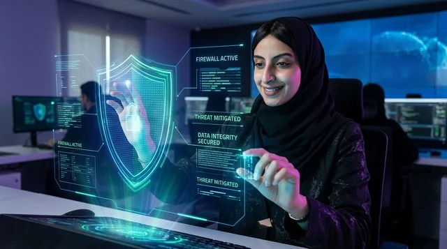 أخصائية أمن سيبراني سعودية تتفاعل مع واجهة هولوغرام