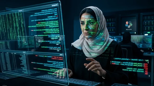 امرأة سعودية تعمل على الأمن السيبراني في نيوم