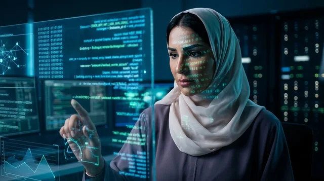 أخصائية أمن سيبراني عربية أمام شاشة هولوغرام ذكية