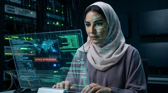 امرأة عربية متخصصة في الأمن السيبراني بغرفة الخوادم