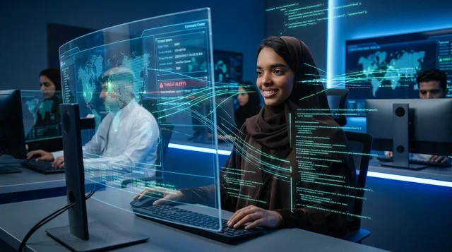 أخصائية أمن سيبراني عربية تعمل في مكتب تكنولوجيا حديث