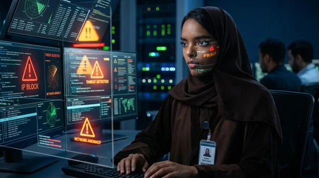 محللة أمن سيبراني سعودية في غرفة التحكم الرقمي