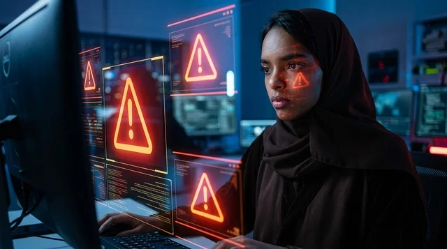 أخصائية أمن سيبراني عربية تراقب شاشات التحذير الرقمية