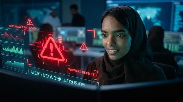 Arab Woman IT Specialist in Cybersecurity Command Center