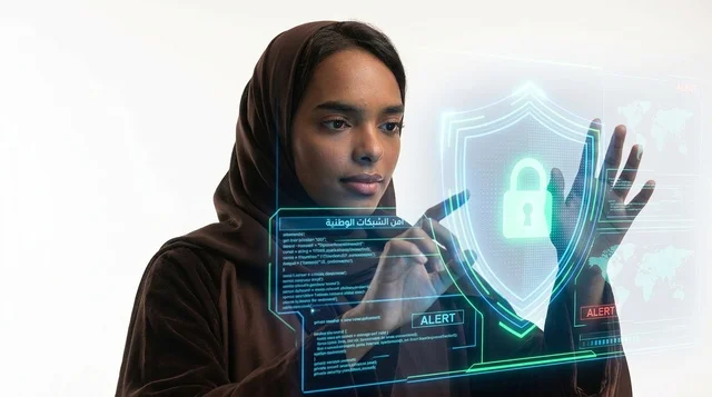 امرأة سعودية تتفاعل مع شاشة الأمن السيبراني الهولوجرامية