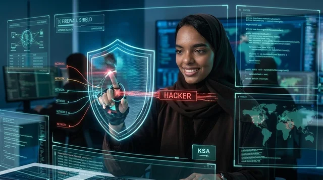 أخصائية أمن سيبراني سعودية مع واجهة هولوجرام رقمية