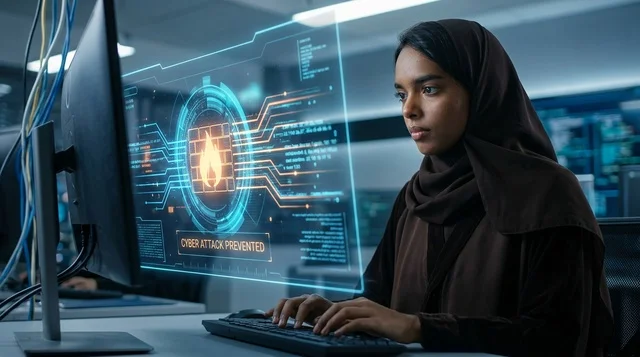 Arab Woman Cybersecurity Expert with Hologram Interface
