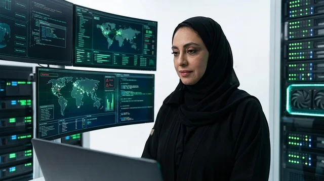 موظفة أمن سيبراني سعودية تعمل في غرفة خوادم البيانات
