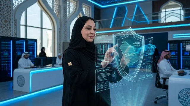 امرأة سعودية تستخدم هولوجرام الأمن السيبراني بالمركز