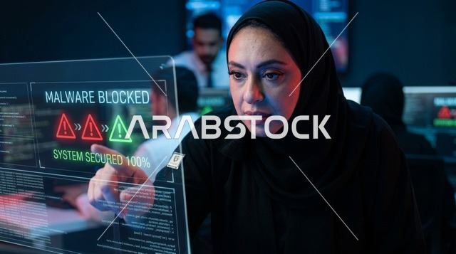 أخصائية أمن سيبراني عربية بالحجاب في غرفة الخوادم